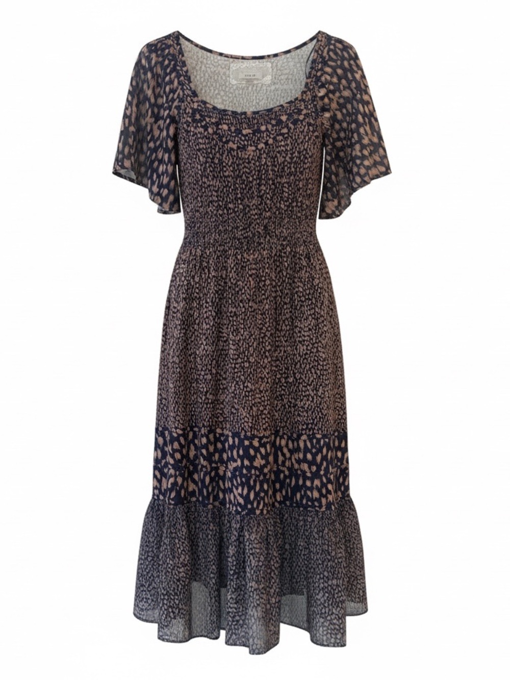 CUPIO Smocked tiered Midi Dress Small Animal Print Flutter Sleeve prairie